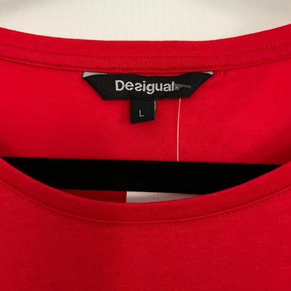 Desigual Short Sleeve Top Red Embroidered Sequin Pig Festive Holiday Size L - Picture 7 of 10